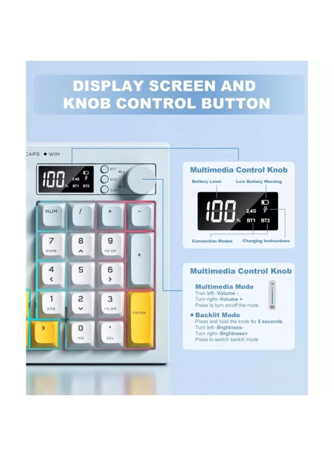 onikuma G80 Tri-Mode Wireless Keyboard with Bluetooth 5.0, 2.4GHz & Wired USB-C Connectivity, Quiet Creamy Membrane Typing, Rainbow RGB Backlight, LCD Display & Multifunction Knob, 2000mAh Battery, 94-Key PBT Keycaps - Image 4